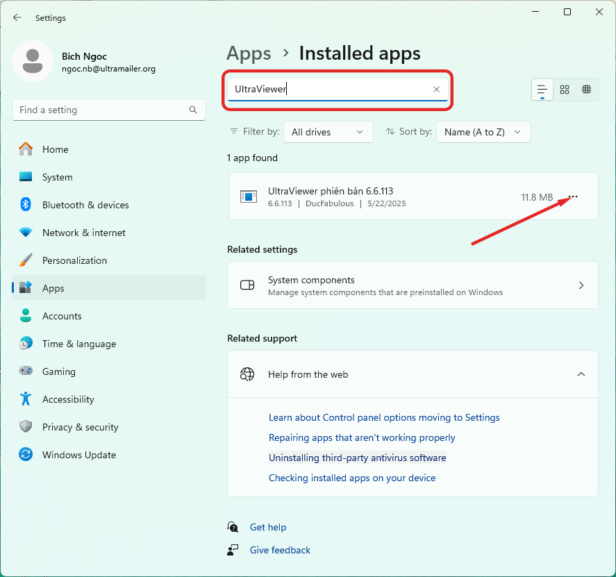 under Apps & features. Type UltraViewer in the search box