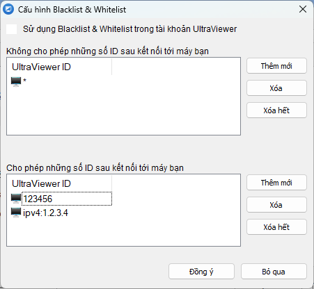 Điền ID hoặc IPv4 Blacklist - Whitelist
