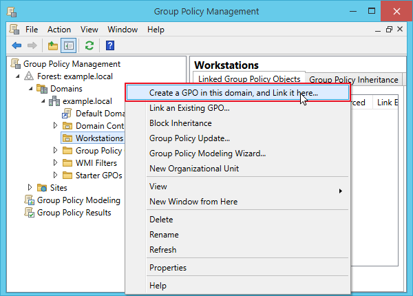 Group Policy Management: right-click the Workstations OU and choose Create a GPO in this domain, and Link it here