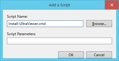 Add a Script dialog with Install-UltraViewer.cmd as the script name and empty script parameters