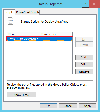 Startup Properties dialog listing Install-UltraViewer.cmd as a startup script