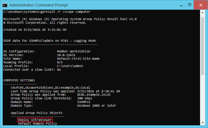 gpresult output on PC01 showing Deploy UltraViewer under Applied Group Policy Objects