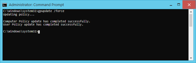 Command Prompt on PC01: gpupdate /force completed the computer and user policy updates successfully